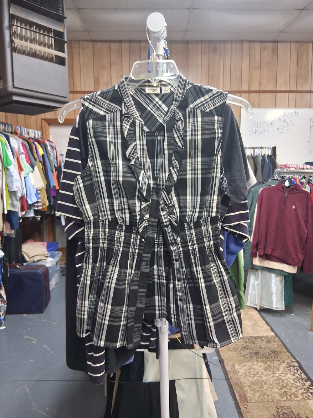 Black & White Plaid Ruffled Tie-Neck Top